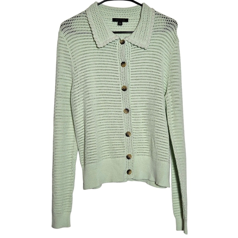 Ann Taylor Mint Green Knit Cardigan Large Collar Cottage Dainty Feminine Soft